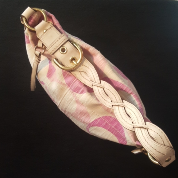 COACH Carly ♡ Gold Canvas|Leather Pinks|Cream Tonal "C" Medium Hobo Shoulder Bag - Picture 7 of 16